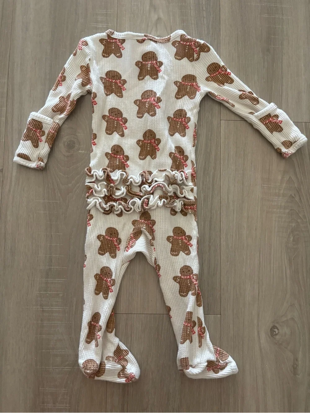 Spearmint Love Waffle Gingerbread Print Cream Kids One-Piece Footed Pajamas